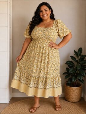 Lea Smocked Square-Neck Midi Dress in Yellow Floral 2X